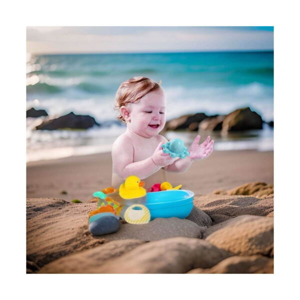 pop-it-caracatita-albastru-utilizare-2 Pop It Caracatiță, bebeluș care se joacă pe nisip la mare, cu jucării