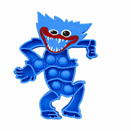 Pop It Huggy Wuggy, din silicon în formă de monstru albastru Huggy Wuggy, cu gură roșie cu dinți și bule pe corp