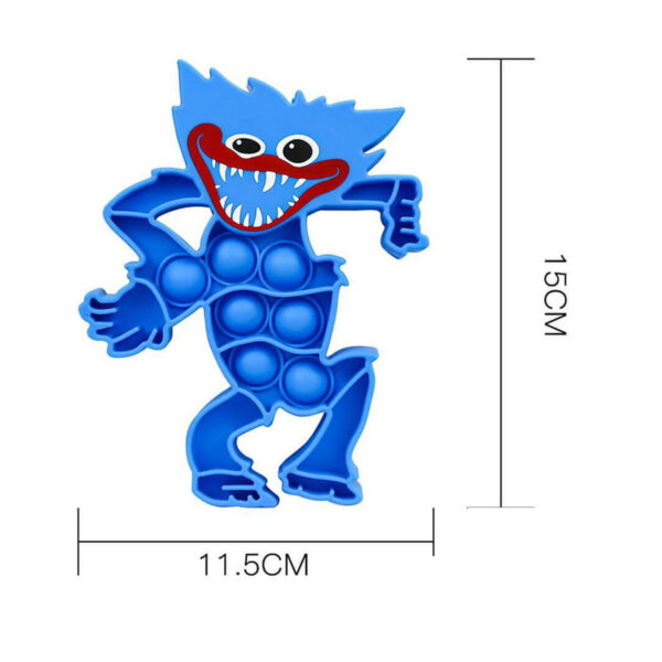 Pop It Huggy Wuggy, schemă de dimensiuni cu jucăria albastră cotată 15 cm înălțime și 11,5 cm lățime; pe corp se văd șapte