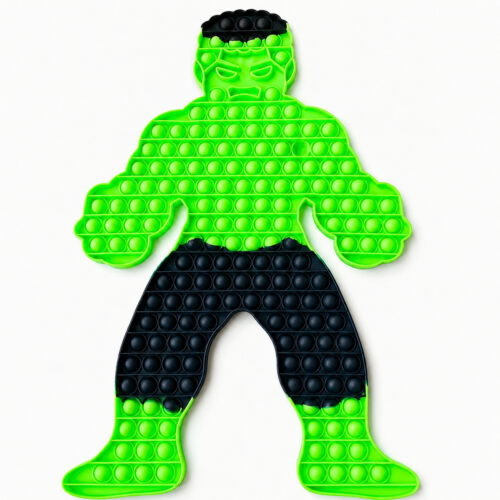 Pop It Hulk, jucărie Pop It mare în formă de personaj musculos verde cu păr negru și pantaloni bleumarin