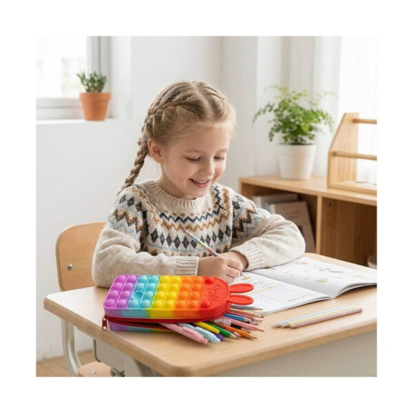 Pop It Necesser, fetiță la birou care scrie într-un caiet, cu penarul Pop It iepuraș curcubeu deschis și creioane colorate