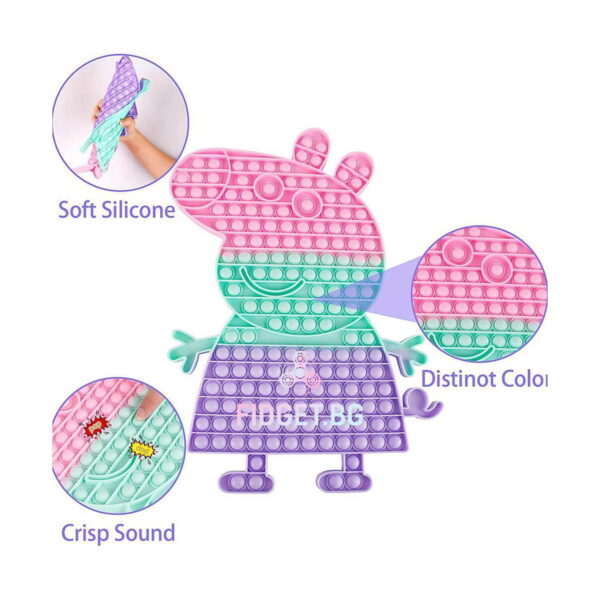 Pop It Peppa Pig, grafic cu produsul întreg și trei medalioane rotunde cu textele Soft Silicone