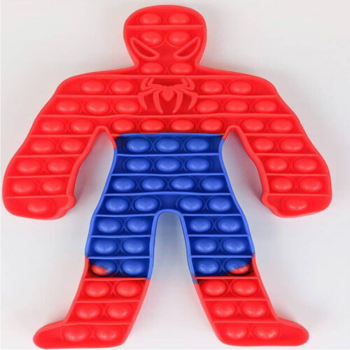 pop-it-spider-man-76-bule Pop It Spider-Man, în formă de siluetă umană Spider-Man: cap și brațe roșii cu bule, tors albastru cu emblema de păianjen