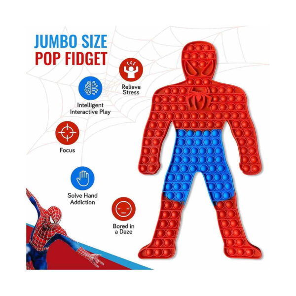 Pop It Spider-Man, infografic Jumbo size pop fidget cu jucăria Spider-Man și pictograme pentru relaxare, concentrare și joacă