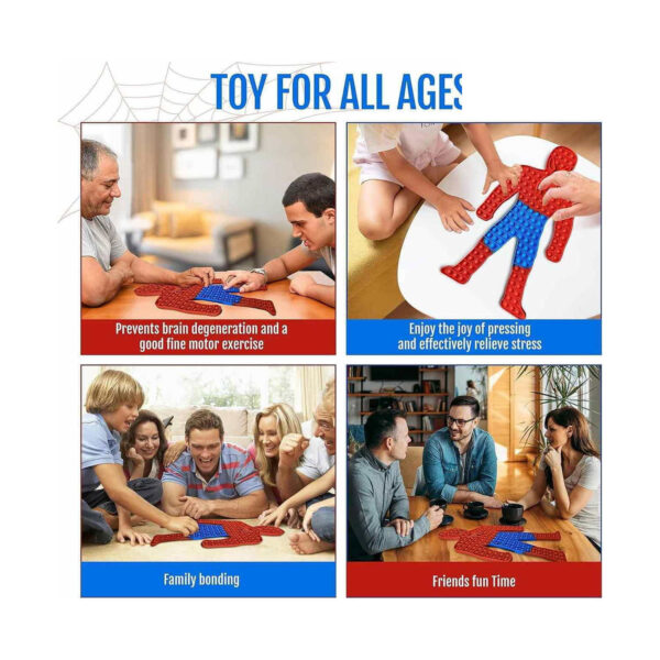 Pop It Spider-Man, grafic Toy for all ages cu patru scene: adulți la masă, mâini de copil