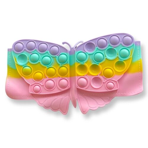 Portofel pentru copii Fluture, portofel-fluture Pop It în culori pastel: mov, turcoaz, galben și roz, văzut din față