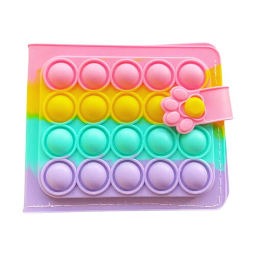 portofel-pop-it-roz-violet-si-galben Portofel Pop It, pătrat în dungi pastel roz, galben, verde mentă și mov, cu patru rânduri de bule și curelușă cu lăbuță