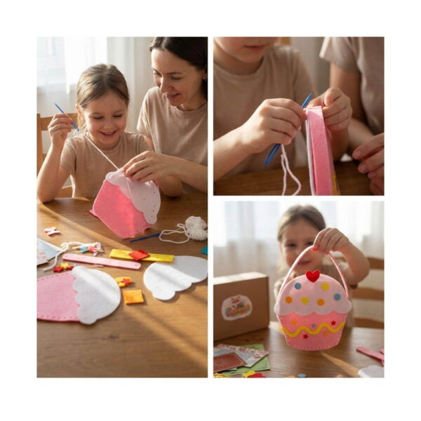 Primul meu set de cusut Princess, montaj în trei cadre cu etapele de coasere: fetiță și femeie la masă