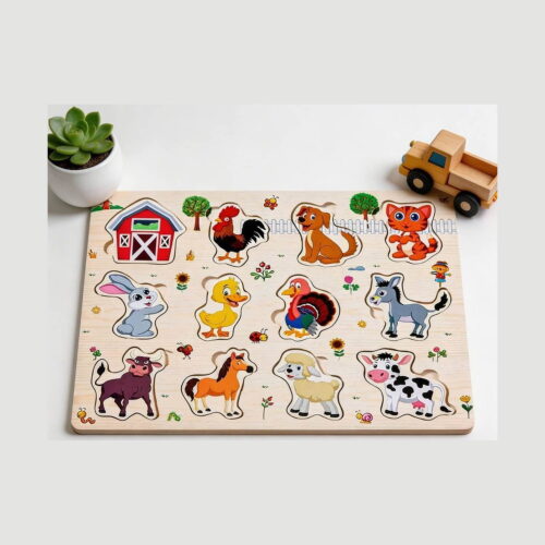 Puzzle din lemn cu animale de fermă, placă de puzzle din lemn cu douăsprezece forme de animale de fermă cu butoni de prindere