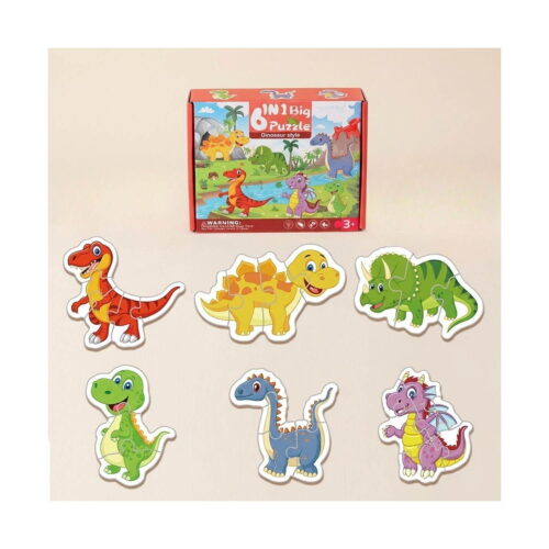 Puzzle dinozauri, cutia culcată și cei șase dinozauri asamblați aranjați pe două rânduri, pe fundal crem