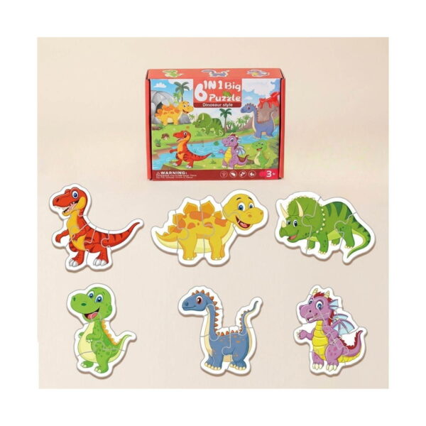 puzzle-dinozauri-ambalaj-continut-2 Puzzle dinozauri, cutia culcată și cei șase dinozauri asamblați aranjați pe două rânduri, pe fundal crem
