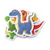 puzzle-dinozauri-continut Puzzle dinozauri, piesele cu dinozauri suprapuse în teanc, cu un dinozaur albastru în prim-plan