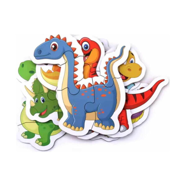 puzzle-dinozauri-continut Puzzle dinozauri, piesele cu dinozauri suprapuse în teanc, cu un dinozaur albastru în prim-plan