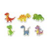 puzzle-dinozauri-model-asamblat Puzzle dinozauri, șase puzzle-uri asamblate cu dinozauri în roșu, galben, verde, albastru și mov, pe fundal alb