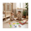 puzzle-dinozauri-utilizare Puzzle dinozauri, doi copii mici stau pe podea într-o cameră de copii