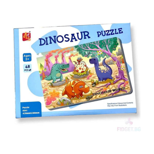 Puzzle distractiv dinozaur, fața cutiei Dinosaur Puzzle cu ilustrație de dinozauri, marcaje Ages 3+ și 48 PCS