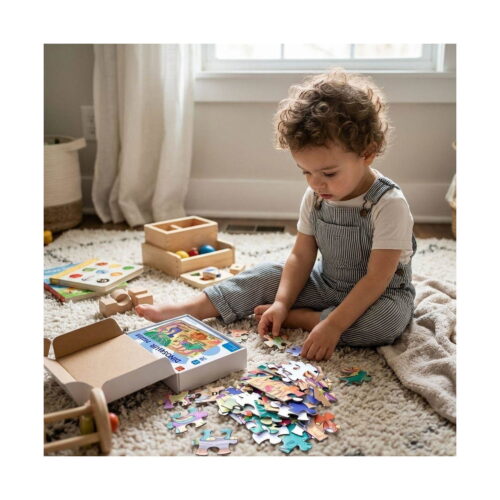 Puzzle distractiv dinozaur, copil mic așezat pe covor, care se joacă cu piesele de puzzle împrăștiate lângă cutia deschisă