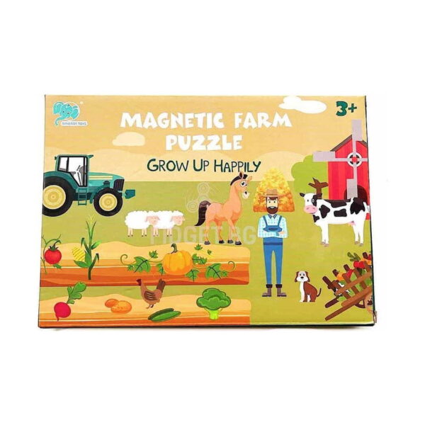 Puzzle, vedere frontală a cutiei Magnetic Farm Puzzle, Grow Up Happily, cu tractor, fermier, cal, vacă, oi și legume