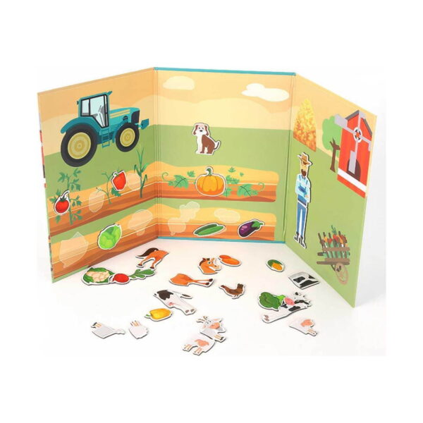 Puzzle, planșa pliantă deschisă în trei părți, cu tractor, câine, dovleac și hambar