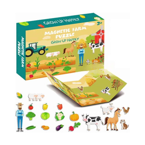 puzzle-ferma-continut Puzzle, cutia Magnetic Farm Puzzle, planșa pliantă deschisă și un rând de piese magnetice cu fermier, legume și animale