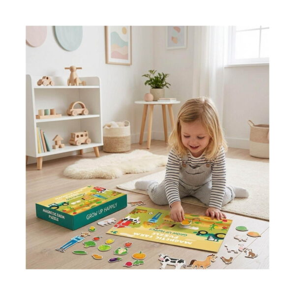 Puzzle, fetiță blondă așezată pe covorul unei camere de copii, jucându-se cu planșa pliantă a puzzle-ului magnetic de fermă