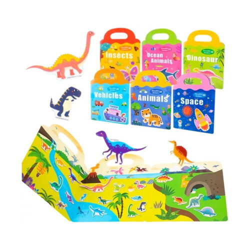 Puzzle magnetic cu stickere Busy Book, șase cărticele cu stickere reutilizabile cu mânere colorate