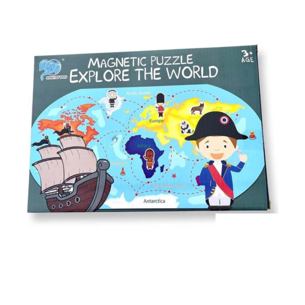 Puzzle magnetic pentru copii 2 în 1 Exploratorul, fața cutiei cu hartă albastră, corabie și personajul explorator cu bicorn