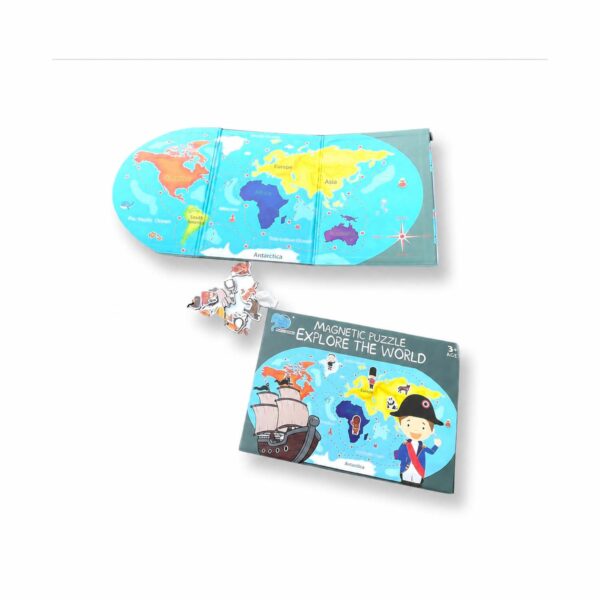 Puzzle magnetic pentru copii 2 în 1 Exploratorul, harta lumii pliantă, deschisă, alături de dosarul închis și câteva piese