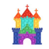puzzle-pop-it-castel Puzzle Pop It Castel, asamblat din piese Pop It colorate, cu turnuri roșii, portocalii, galbene, verzi, albastre și mov