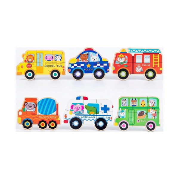 Puzzle vehicule, șase puzzle-uri asamblate cu vehicule conduse de animăluțe: autobuz școlar, mașină de poliție