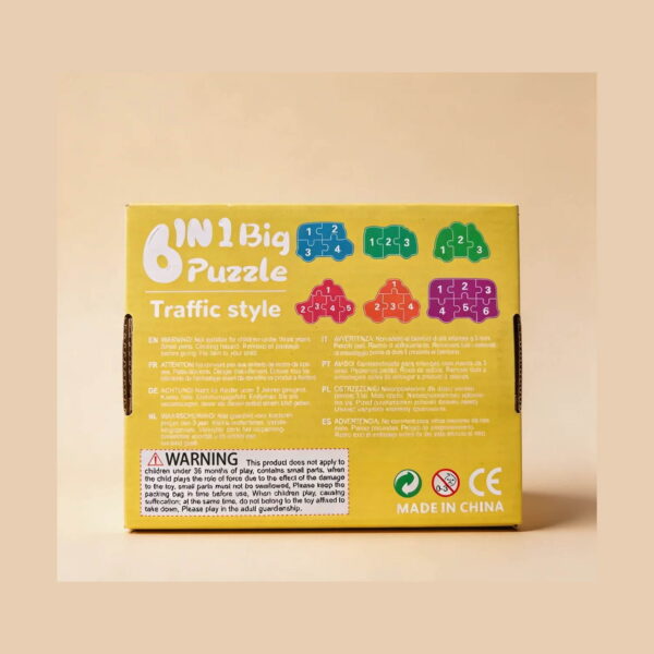 Puzzle vehicule, partea din spate a cutiei galbene 6 in 1 Big Puzzle Traffic style, cu text de avertizare și marcaje CE