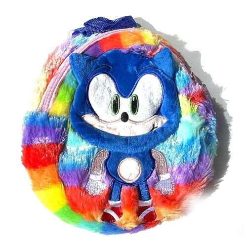 Rucsac de pluș Sonic, rotund din blană pluș în dungi multicolore (curcubeu)