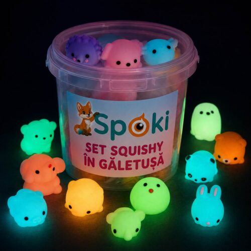 Set de 20 de jucării squishy luminoase, găletușă SpOki pe întuneric cu animăluțe ce strălucesc verde și albastru