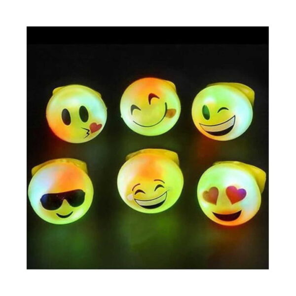 set-3-inele-emoji-luminoase-iluminat-2 Set 3 inele Emoji luminoase, șase inele emoji aprinse, aranjate pe două rânduri pe fundal negru, luminând verde și portocaliu