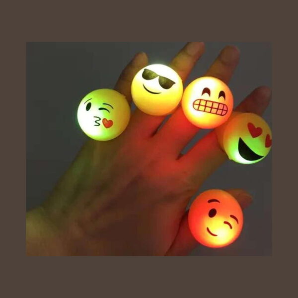 set-3-inele-emoji-luminoase-utilizare-2 Set 3 inele Emoji luminoase, o mână purtând cinci inele emoji aprinse, care luminează roșu și verde într-o cameră întunecată