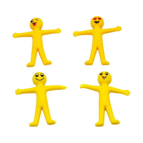 set-30-omuleti-squishy-din-cauciuc-continut-2 Set 30 omuleți squishy din cauciuc, patru figurine galbene văzute frontal, cu brațele întinse și expresii diferite: cu ochi