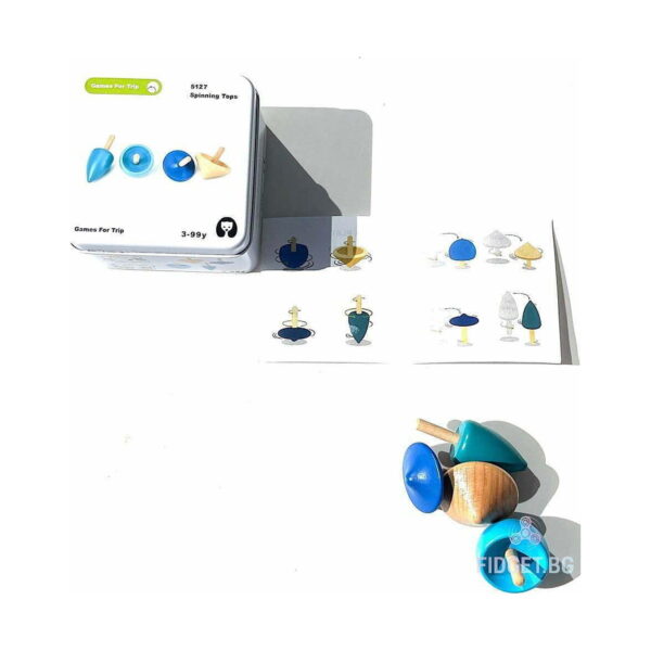 set-4-spinner-din-lemn-continut Set 4 Spinner din lemn, cutia metalică 5127 Spinning Tops, o foaie cu ilustrații și patru titireze din lemn