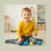 set-4-spinner-din-lemn-utilizare-2 Set 4 Spinner din lemn, băiat în bluză galbenă stă pe podea într-o cameră de joacă, cu cele patru titireze în fața lui
