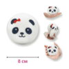 set-5-squishy-panda-dimensiuni Set 5 squishy panda, grafic de dimensiuni: panda rotund alb cu indicația 8 cm și trei imagini secundare, în palmă deschisă