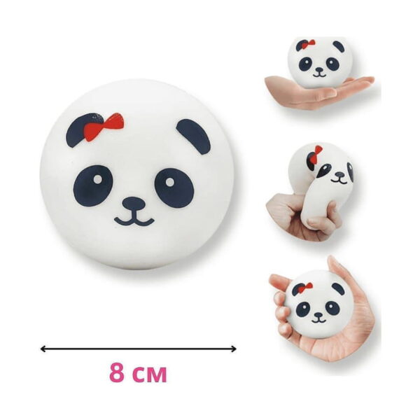 set-5-squishy-panda-dimensiuni Set 5 squishy panda, grafic de dimensiuni: panda rotund alb cu indicația 8 cm și trei imagini secundare, în palmă deschisă
