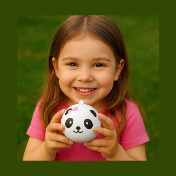 set-5-squishy-panda-utilizare-2 Set 5 squishy panda, fetiță zâmbind, în aer liber, care ține în mâini panda squishy alb rotund cu urechi negre.
