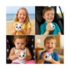 set-5-squishy-panda-utilizare-3 Set 5 squishy panda, montaj din patru cadre: copii care țin panda rotund alb pe plajă, în scaunul auto