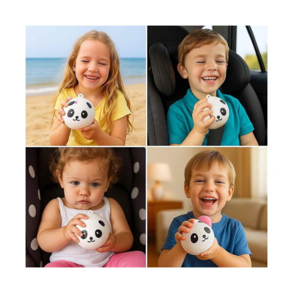 set-5-squishy-panda-utilizare-3 Set 5 squishy panda, montaj din patru cadre: copii care țin panda rotund alb pe plajă, în scaunul auto