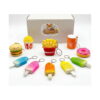 set-10-squishy-parfumate-fast-food-continut Set 10 squishy parfumate Fast Food, cutie Spoki cu brelocuri squishy: burger, popcorn, cartofi prăjiți, pahar de suc