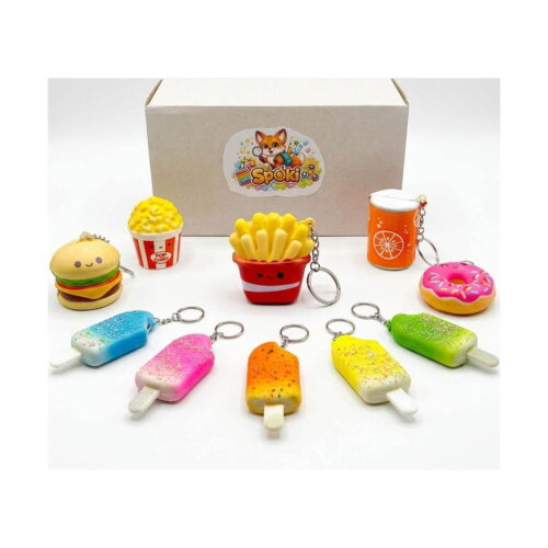 Set 10 squishy parfumate Fast Food, cutie Spoki cu brelocuri squishy: burger, popcorn, cartofi prăjiți, pahar de suc