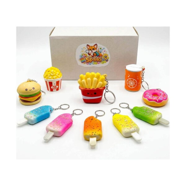 set-10-squishy-parfumate-fast-food-continut Set 10 squishy parfumate Fast Food, cutie Spoki cu brelocuri squishy: burger, popcorn, cartofi prăjiți, pahar de suc