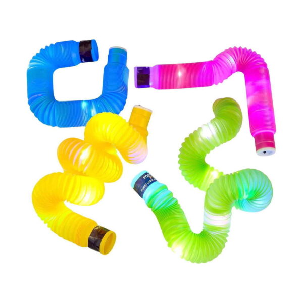 Set 6 tuburi luminoase Pop Tube, patru tuburi luminoase aprinse, albastru, roz, galben și verde, modelate în bucle