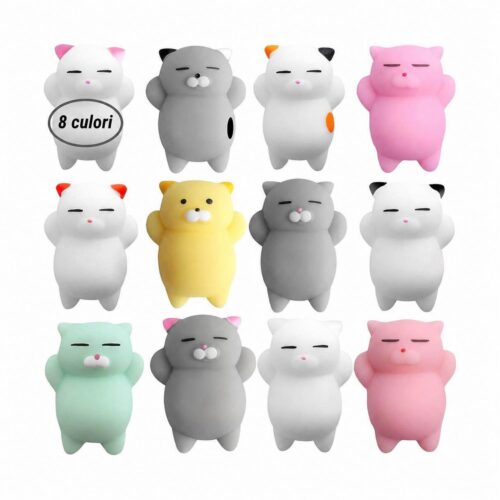 Set de 8 jucării squishy pisicuță, douăsprezece pisicuțe moi în alb, gri, roz, galben și verde mentă
