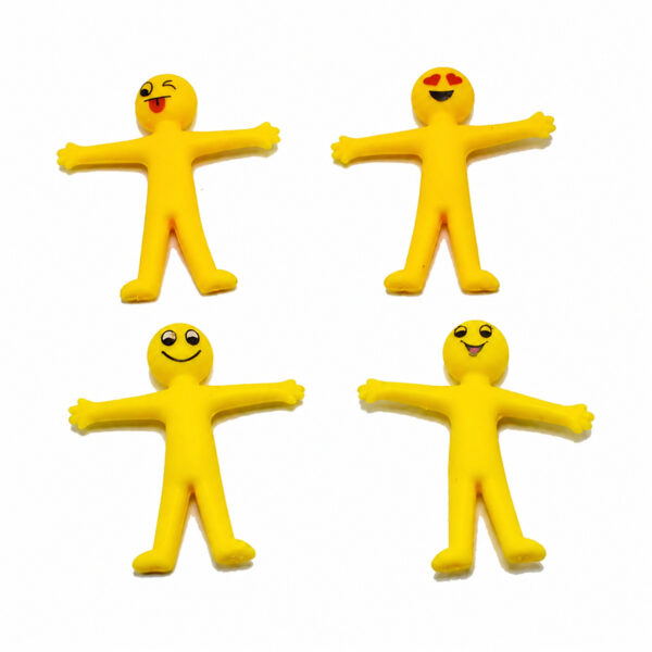 set-aniversar-cu-geanta-unicorn-7-jucarii-detaliu-2 Set aniversar cu geantă unicorn, patru omuleți galbeni elastici, cu brațele întinse și expresii emoji diferite