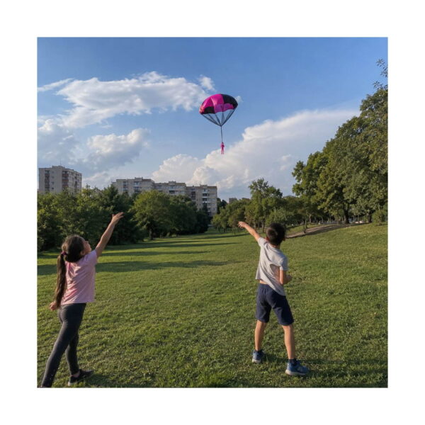 Set Aventuri Fly 11 în 1, doi copii într-un parc, cu mâinile ridicate spre o parașută cu figurină care coboară din cer